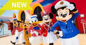 Mickey Mouse, Minnie, and friends dressed in sailor outfits strike a playful pose on the deck of a Disney Cruise Line ship, with a bright "NEW" tag highlighting exciting adventures and updates to vaccination guidelines for guests.