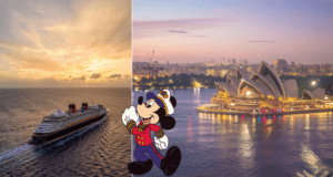 Disney Wonder glides across the ocean as Captain Mickey Mouse welcomes fans, with the iconic Sydney Opera House aglow at sunset—bringing Disney magic to Australia for theme park and entertainment lovers.