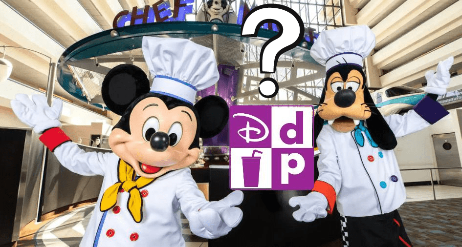 Mickey Mouse and Goofy dressed as chefs, holding up a Disney Dining Plan sign with a big question mark overhead, inviting guests to discover what’s new in park dining.