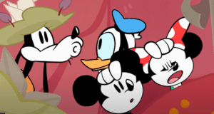 Goofy, Donald Duck, Mickey Mouse, and Minnie Mouse gather close with surprised expressions in a vibrant cartoon scene inspired by Disney Illusion Island, highlighting the playful spirit and iconic characters beloved by Disney Parks and entertainment fans.