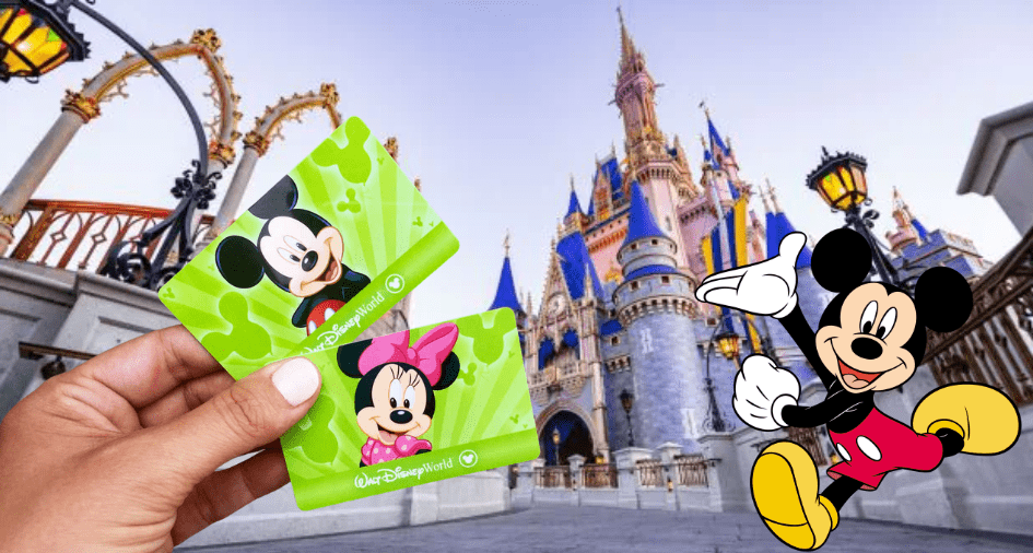A hand displays Disney cards in front of Cinderella Castle, while Mickey Mouse smiles from the right side of the image, evoking the excitement and magical atmosphere of a Typhoon Lagoon job fair at Disney World.
