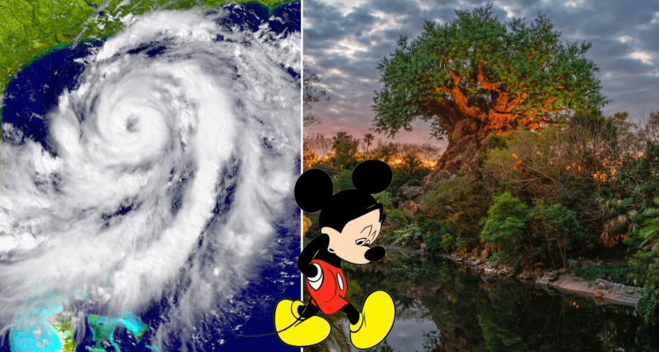 Mickey Mouse strolls sadly past a swirling hurricane and a towering tree in a vibrant, lush setting beneath a cloudy sky, evoking the whimsical atmosphere of Disney KiteTails at Walt Disney World.