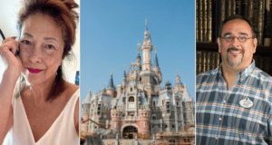 A guest beams with excitement in front of Cinderella Castle, while an Imagineer—wearing glasses and a classic plaid shirt, reminiscent of Disney Legends—smiles for the camera.