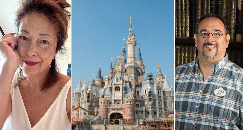 A guest beams with excitement in front of Cinderella Castle, while an Imagineer—wearing glasses and a classic plaid shirt, reminiscent of Disney Legends—smiles for the camera.