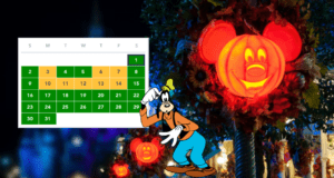 Pluto poses next to a festive, orange Mickey pumpkin, with a green calendar in the corner reminding Disney World fans about Park Reservation dates.