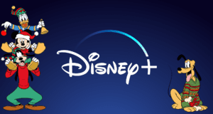 Disney+ logo featuring Donald Duck, Goofy, and Mickey Mouse in festive holiday attire on the left, with Pluto sporting a cozy sweater on the right—capturing the magic of a Disney Parks Christmas celebration.