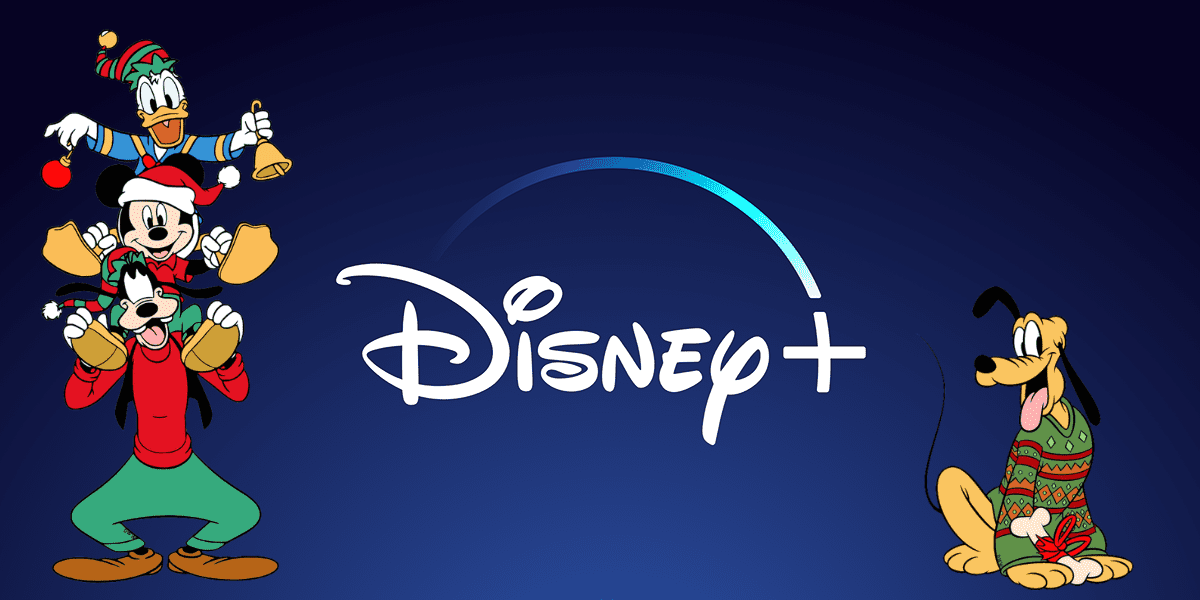 Disney+ logo featuring Donald Duck, Goofy, and Mickey Mouse in festive holiday attire on the left, with Pluto sporting a cozy sweater on the right—capturing the magic of a Disney Parks Christmas celebration.
