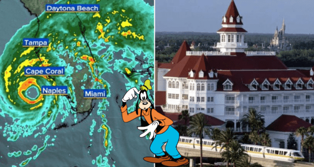 Split image showing a Florida hurricane tracking map with Goofy, next to a red-roofed Disney Resort and the iconic Disney World monorail, spotlighting how Hurricane Ian affected Disney Resort bookings.