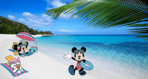 Mickey, Minnie, and Daisy enjoy surfing and relaxing on a sun-soaked tropical beach with sparkling blue water and palm trees, gearing up for their next magical adventure as Disney Wonder gets ready for its exciting repositioning journey.