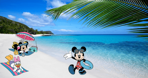 Mickey, Minnie, and Daisy enjoy surfing and relaxing on a sun-soaked tropical beach with sparkling blue water and palm trees, gearing up for their next magical adventure as Disney Wonder gets ready for its exciting repositioning journey.