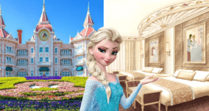 Elsa from Frozen is featured at Disneyland Paris, standing between the grand garden entrance of a Disney hotel and its elegant interior suite, capturing the magical experience of staying at a Disneyland Paris resort.