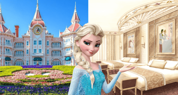 Elsa from Frozen is featured at Disneyland Paris, standing between the grand garden entrance of a Disney hotel and its elegant interior suite, capturing the magical experience of staying at a Disneyland Paris resort.