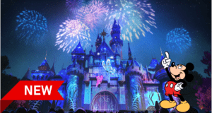 Mickey Mouse stands in front of the iconic Disney castle, enthusiastically pointing toward dazzling fireworks lighting up the night sky to celebrate Wondrous Journeys. A bold red "NEW" banner highlights the excitement in the lower left corner.
