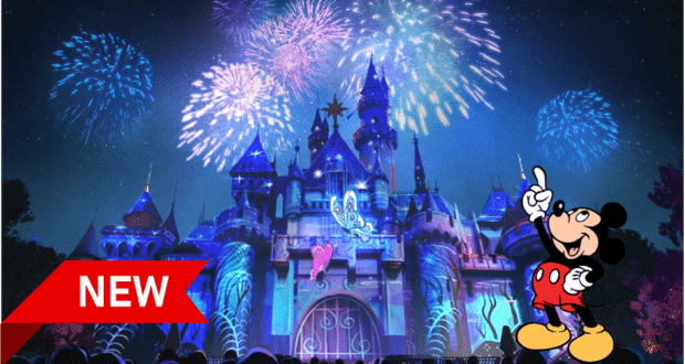 Mickey Mouse stands in front of the iconic Disney castle, enthusiastically pointing toward dazzling fireworks lighting up the night sky to celebrate Wondrous Journeys. A bold red "NEW" banner highlights the excitement in the lower left corner.