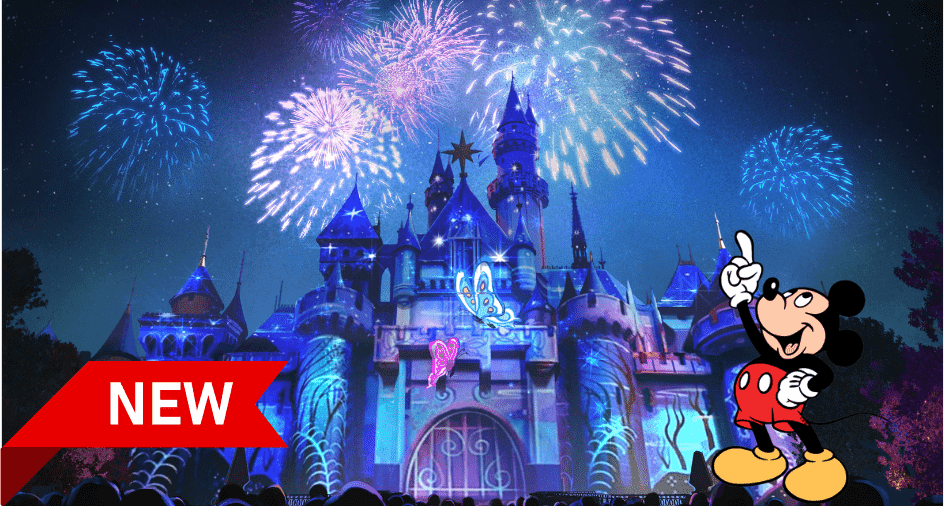 Mickey Mouse stands in front of the iconic Disney castle, enthusiastically pointing toward dazzling fireworks lighting up the night sky to celebrate Wondrous Journeys. A bold red "NEW" banner highlights the excitement in the lower left corner.