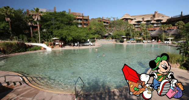 Expansive resort pool buzzing with guests enjoying a swim; Disney character stands playfully in the lower right corner holding colorful shopping bags, channeling the lively energy of Disney's Animal Kingdom Lodge.