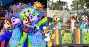 Chip, Dale, Donald Duck, and Daisy Duck in vibrant costumes join the high-energy parade during Donald's Dino Bash at Disney's Animal Kingdom.