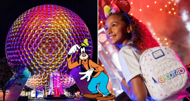 Spaceship Earth illuminated at night, playful Goofy illustration, and a guest beaming with an EPCOT 40th Anniversary Loungefly backpack and matching Minnie ears.