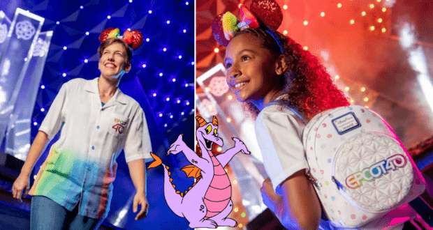 Fans sporting EPCOT 40th Anniversary shirts and Mickey ears pose with Figment the dragon beside vibrant, futuristic lighting displays at EPCOT.