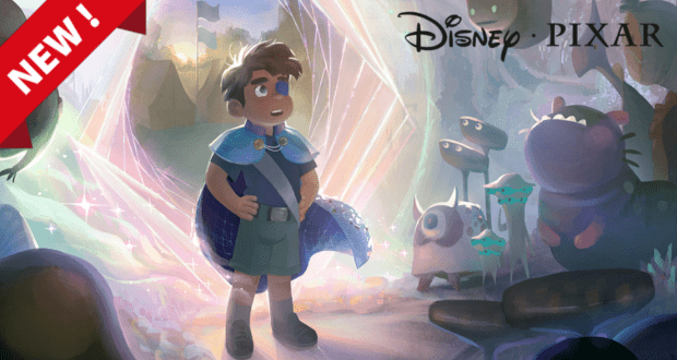 Elio, wearing his signature cape, stands in an enchanting, illuminated forest encounter filled with vibrant Pixar creatures, surrounded by "NEW!" banners and Disney Pixar branding—capturing the excitement and adventurous spirit of a must-see theme park attraction.