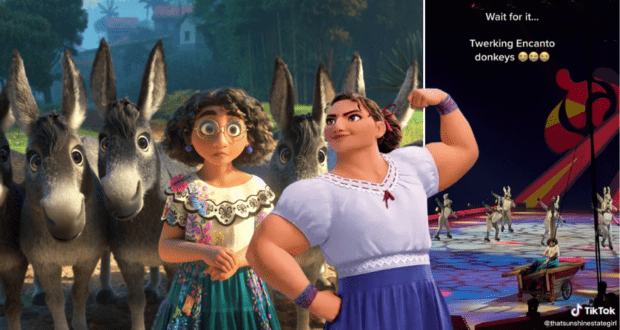 Mirabel and Luisa from Encanto on Ice pose with donkeys during the live show, while TikTok footage highlights animated donkeys dancing onstage in a lively performance.