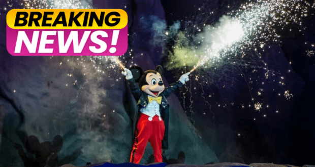 Mickey Mouse dazzling guests at Disney World in a sharp tuxedo, joyfully waving sparklers as "Breaking News!" flashes in the corner—capturing a magical and unforgettable Fantasmic celebration.