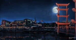 The San Fransokyo waterfront dazzles at night with glowing lanterns, iconic red torii gates, and a luminous full moon above the sparkling bay, capturing the lively spirit of an immersive theme park experience.