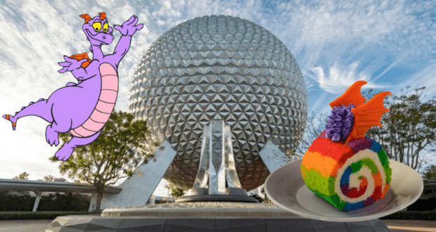 Figment the purple dragon, EPCOT’s iconic Spaceship Earth, and a whimsical rainbow cake with wings on a plate celebrate the EPCOT 40th Anniversary in signature Disney style.