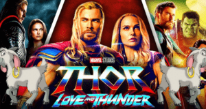 The Thor: Love and Thunder poster, displayed at the D23 Expo, spotlights fan-favorite characters alongside Goat Yoya’s two cartoon goats, perfectly blending Marvel excitement with Disney’s event magic.