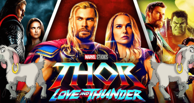 The Thor: Love and Thunder poster, displayed at the D23 Expo, spotlights fan-favorite characters alongside Goat Yoya’s two cartoon goats, perfectly blending Marvel excitement with Disney’s event magic.