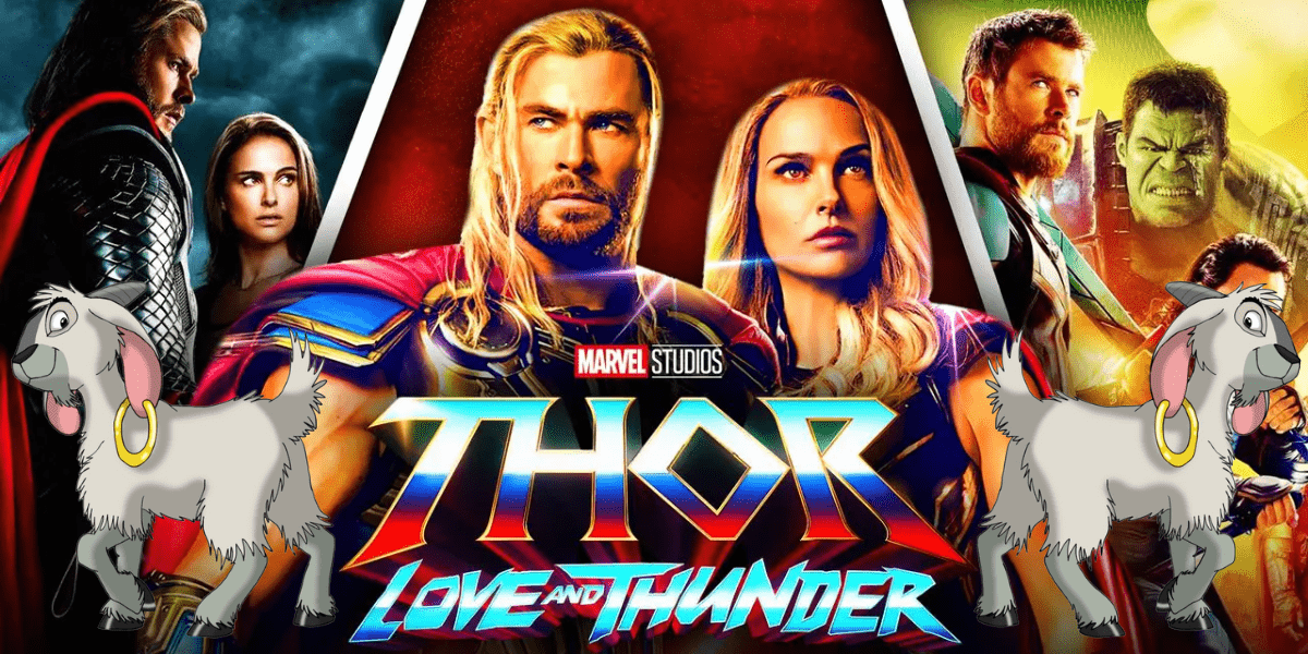 The Thor: Love and Thunder poster, displayed at the D23 Expo, spotlights fan-favorite characters alongside Goat Yoya’s two cartoon goats, perfectly blending Marvel excitement with Disney’s event magic.