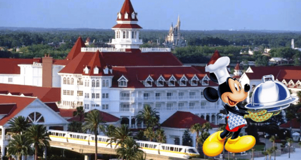 Chef Mickey Mouse stands proudly with a tray in front of a grand Disney World resort, as a monorail glides by and Cinderella Castle rises in the background, capturing the magical dining experience and whimsical energy reminiscent of Gasparilla Island Grill.