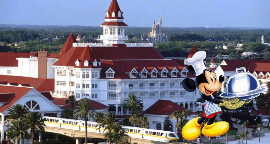 Chef Mickey Mouse stands proudly with a tray in front of a grand Disney World resort, as a monorail glides by and Cinderella Castle rises in the background, capturing the magical dining experience and whimsical energy reminiscent of Gasparilla Island Grill.