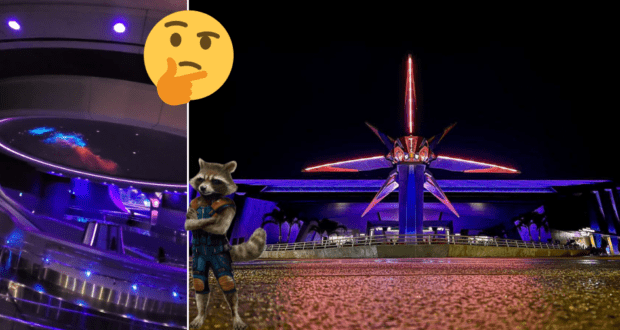 Experience Guardians of the Galaxy: Cosmic Rewind at EPCOT after dark, as Rocket Raccoon takes the helm of his starship beneath electrifying purple lights for a thrilling galactic adventure.