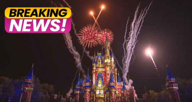 Dazzling fireworks explode above Cinderella Castle at Magic Kingdom, while a vibrant "Breaking News!" banner stretches across the scene, delivering a magical promise of happily ever after to all Disney fans enjoying the nighttime spectacle.