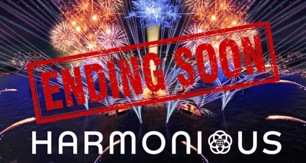 Brilliant fireworks burst above World Showcase Lagoon, illuminating the night as "ENDING SOON" blazes across the sky in bold red letters and "HARMONIOUS" appears below, capturing the spectacle of EPCOT's signature nighttime show before its final encore.