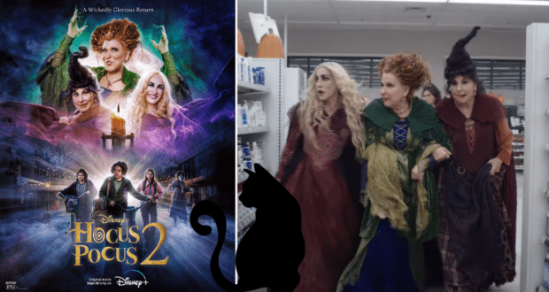 Hocus Pocus 2 poster and scene showcasing the iconic Sanderson Sisters in their signature vibrant costumes, joined by the film's black cat, all exuding the magical atmosphere of Hocus Pocus 2 perfect for fans of Halloween fun and entertainment.