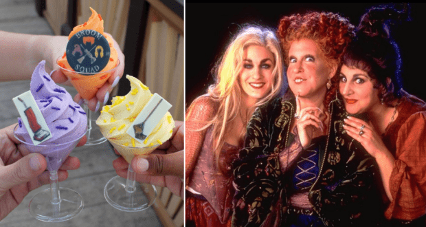 Witches’ Flight DOLE Whip trio, each a vibrant Halloween creation served in glass cups, displayed beside three guests dressed as witches posing together at a theme park.