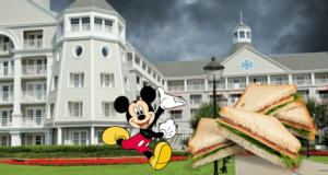Mickey Mouse helps distribute Hurricane Ian relief meals and sandwiches outside a grand, gray Disney Resort hotel under overcast skies, highlighting Disney World’s dedication to supporting the community.