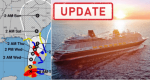 Disney cruise ship sailing at sea, pictured next to a hurricane tracking map; bold red "UPDATE" text appears above the ship, emphasizing changes to Disney Cruise Line itineraries due to Hurricane Ian.