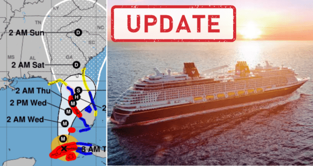 Disney cruise ship sailing at sea, pictured next to a hurricane tracking map; bold red "UPDATE" text appears above the ship, emphasizing changes to Disney Cruise Line itineraries due to Hurricane Ian.