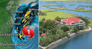 Map showing Hurricane Ian approaching the southeast coastline on the left; on the right, Disney’s Hilton Head Island Resort with its signature red-roofed buildings overlooking scenic marsh waterfront.