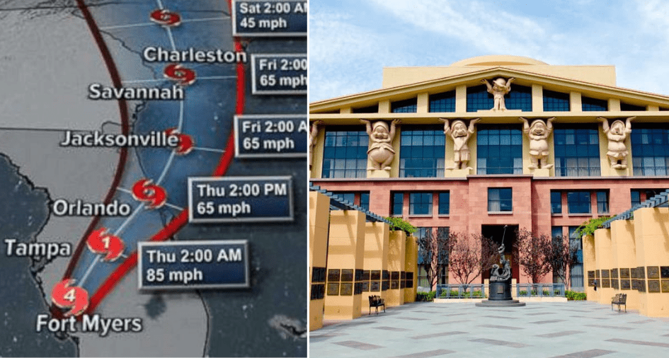 Left: Map showing the trajectory of Hurricane Ian across Florida and Georgia, with highlighted zones near Orlando where Disney parks were affected. Right: The iconic entrance of the Walt Disney Company headquarters, featuring grand statues of beloved Disney characters welcoming guests.