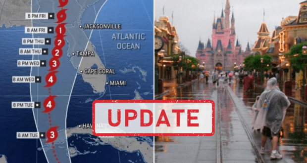 Split image: left side shows a hurricane tracking map, while the right features a rainy day at Walt Disney World with poncho-clad guests and Cinderella Castle in the background. Bold "UPDATE" text lets Disney fans know about the latest Hurricane Ian developments affecting their visit.