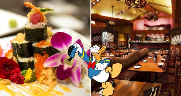 Sushi rolls artfully presented with decorative flowers at Kona Cafe; Donald Duck greeting guests in front of the inviting, upscale dining area.
