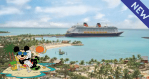 A Disney cruise ship docks near the sun-soaked shores of Lighthouse Point, where Mickey Mouse lounges in island style; a bright blue "NEW" label highlights the latest adventure.