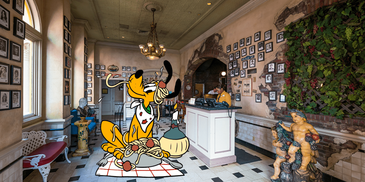 A cartoon dog enjoys a plate of spaghetti on a checkered tablecloth inside Mama Melrose’s Ristorante Italiano at Disney’s Hollywood Studios, surrounded by rustic décor and framed photos that capture the restaurant’s signature charm.