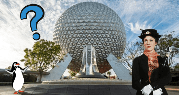 Mary Poppins, a penguin, and a question mark character pose in front of EPCOT’s iconic Spaceship Earth beneath a clear blue sky.