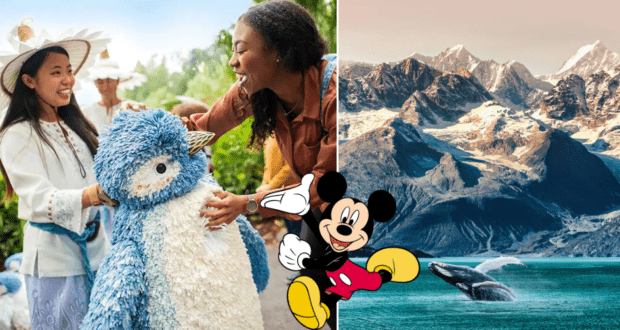 Two excited guests share a smile with the adorable blue penguin mascot from Disney’s Merry Menagerie, as Mickey Mouse and a playful whale make appearances beside snow-capped mountains, bringing winter magic to the Disney park experience.