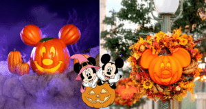 Main Street, U.S.A. decked out for Halloween with Mickey-shaped pumpkins, vibrant autumn wreaths, and cartoon Mickey and Minnie in festive Halloween costumes surrounded by glowing Mickey Jack-o’-lanterns.